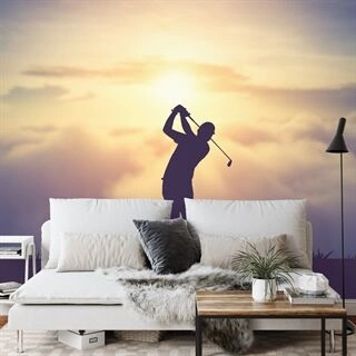 Fototapet Golfspiller På Solnedgangen Baggrund