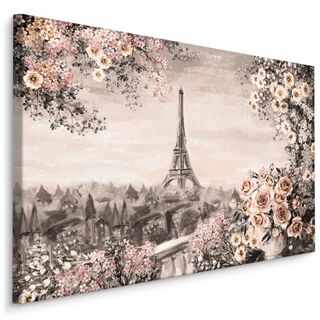 Lærred En Blomstrende Terrasse Med Udsigt Over Eiffeltårnet