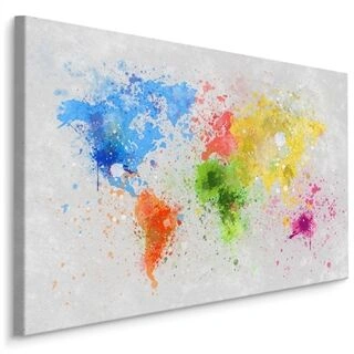 Lærred Farverigt Verdenskort Malet I Akvarel