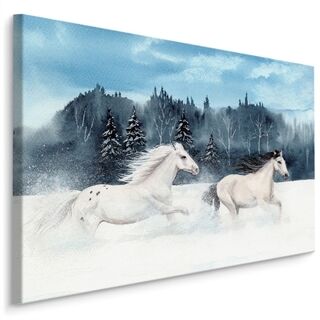 Lærred Heste Galopperer Gennem Sneen