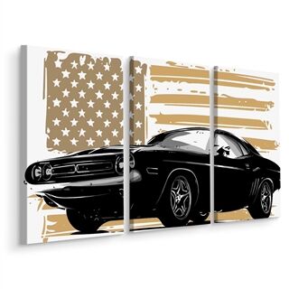 Multipart Canvas print American muscle car with USA flag background LBS-3367-C3X1-1