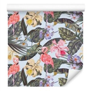 Wallpaper Flamingos. Flowers. Leaves. Nature Non-Woven 53x1000