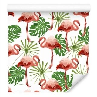 Wallpaper In Flamingos Leaves In Green Nature Bedroom Non-Woven 53x1000