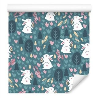 Wallpaper Rabbits On Green Background Non-Woven 53x1000