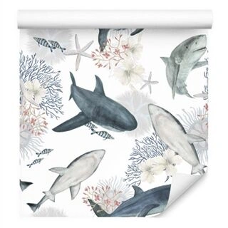 Wallpaper Sharks On Coral Reef Background Non-Woven 53x1000