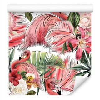 Wallpaper For Living Room, Flamingos, Roses, Flowers, Leaves Non-Woven 53x1000