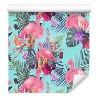 Wallpaper Flamingos. Flowers. Leaves. Nature. Bedroom Non-Woven 53x1000
