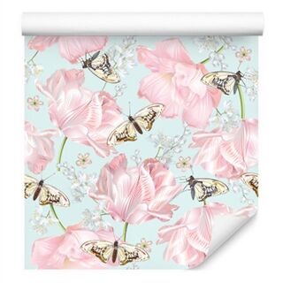 Wallpaper Butterflies, Flowers, Green Nature Non-Woven 53x1000