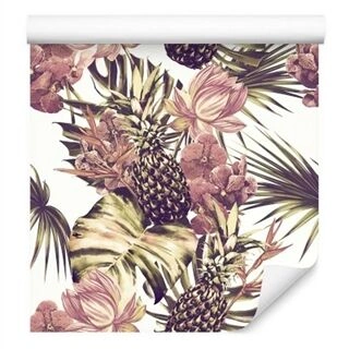 Wallpaper Pineapples With Monstera Leaves And Flowers Non-Woven 53x1000