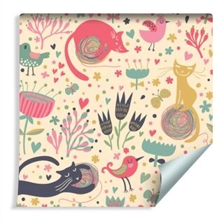 Wallpaper For Children - Colorful Kittens, Birds And Plants Non-Woven 53x1000