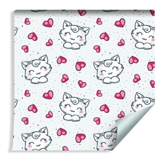 Wallpaper For Children - Adorable White Kittens And Hearts Non-Woven 53x1000