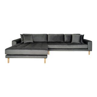 Lido Lounge Sofa - Lounge Sofa, venstrevendt i mørkegrå velour med fire puder og natur træben, HN1013