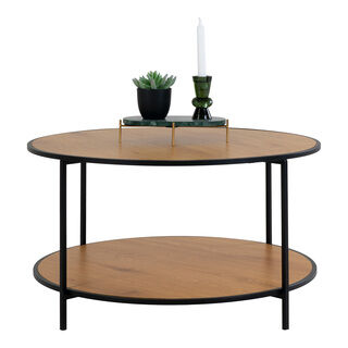 Vita Sofabord - Rundt sofabord med sort ramme og egetræslook bordplader Ø80x45 cm