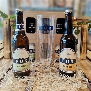 Gaveæske med 2 x FUR øl Pilsner og Classic + Ølglas
