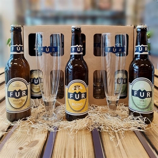 Gaveæske med 3 x FUR øl + 2 Ølglas