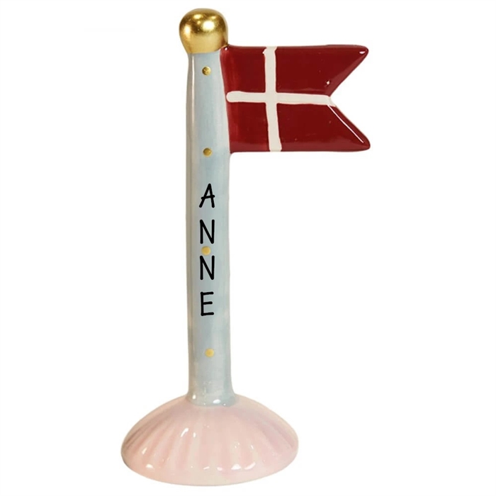 Flag blå/prikker H: 14cm keramik - Valgfri tekst
