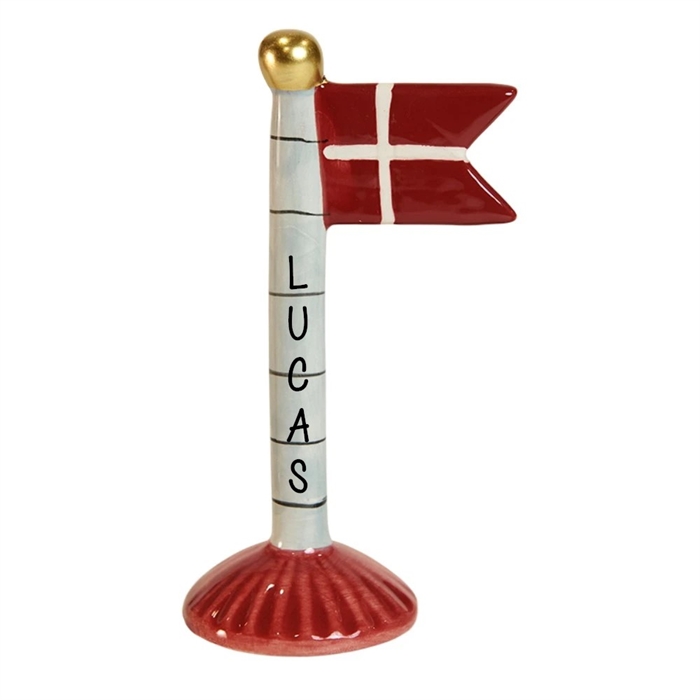 Flag med rød bund H: 14cm keramik - Valgfri tekst