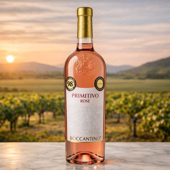 Flaske rosévin fra Salento årgang 2025 – lyserød rosé med gylden kapsel og hvid label, fotograferet på marmor med vinmark i bagg
