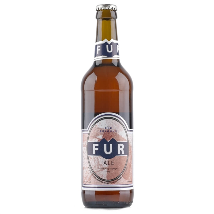Flaske af FUR ALE i brun glas. Vintage etiket i brun og creme. Brygget af FUR BRYGHUS.