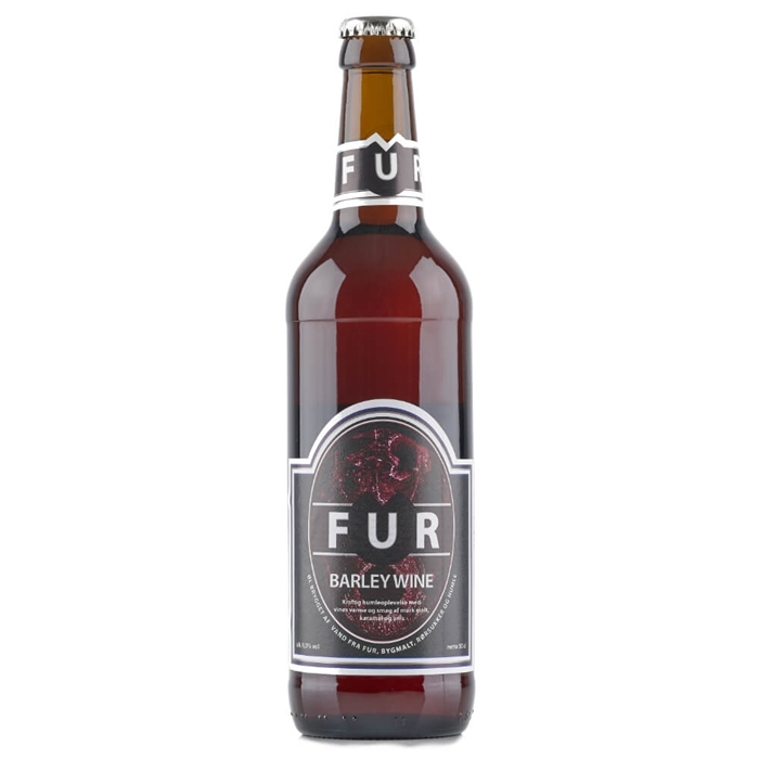 Flaske af FUR ØL - BARLEY WINE, mørk amber, med "FUR" etiket, 10% alkoholindhold.