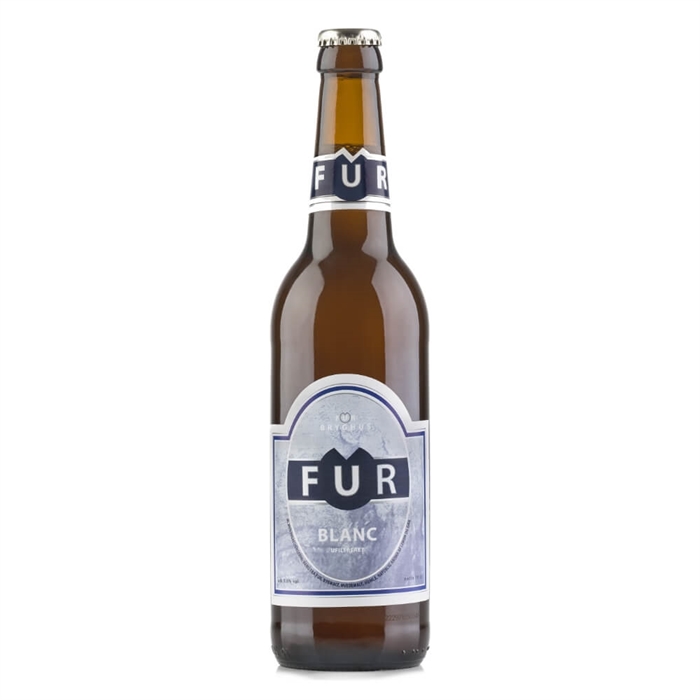 En brun glasflaske med etiketten "FUR BLANC" og en metalhætte.
