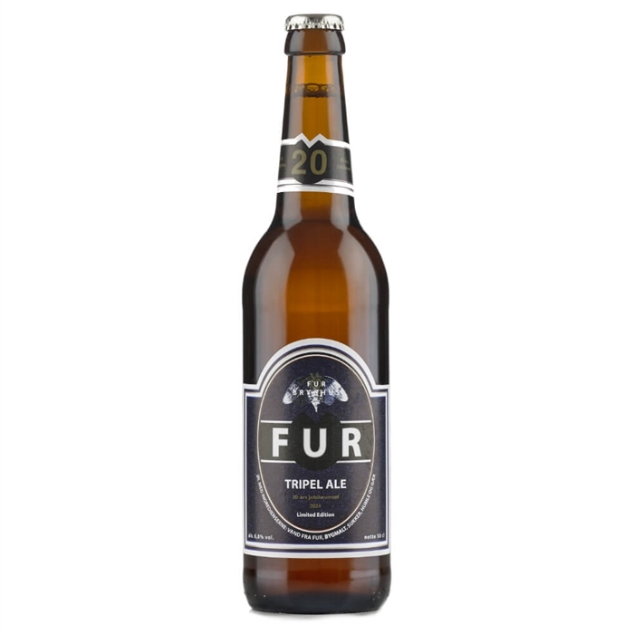 Flaske med FUR TRIPEL ALE, 8,5% alkohol. Mørk etiket med logo og teksten "Limited Edition".