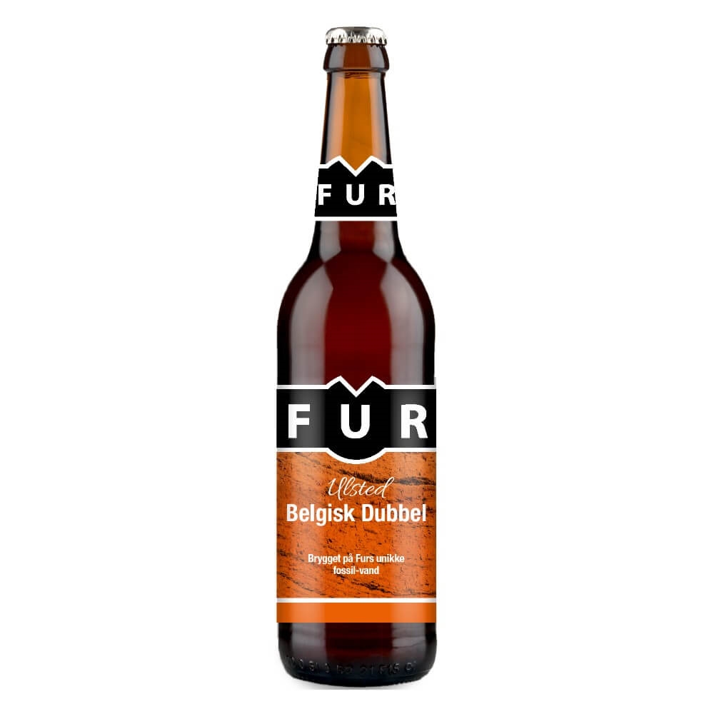 Ølflaske med sort og orange etiket, Fur Øl - Belgisk Dubbel, brygget på Furs fossile vand.