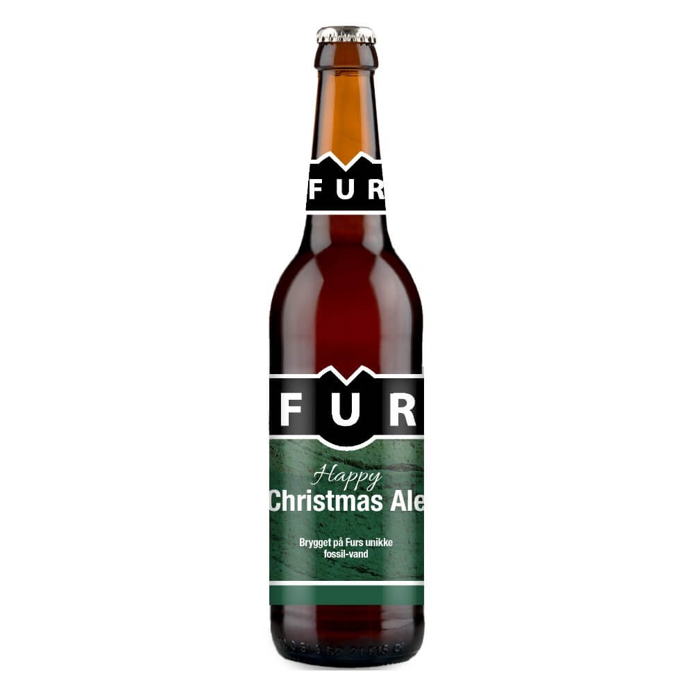 Ølflaske med brun farve, grøn/sort etiket, "FUR", "Happy Christmas Ale", "Fossile-vand".