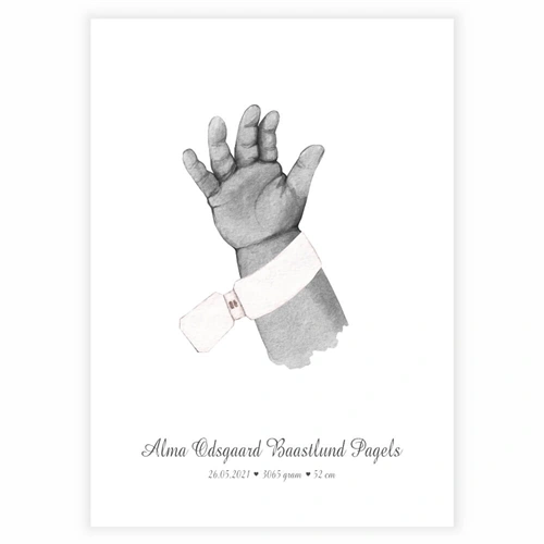 Nyfødt - køb en flot plakat online i dag. Bedårende familie plakat med illustration af en lille babyhånd, og med navn.