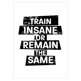 Plakat med sort tekst, Train insane or remain the same, på hvid baggrund