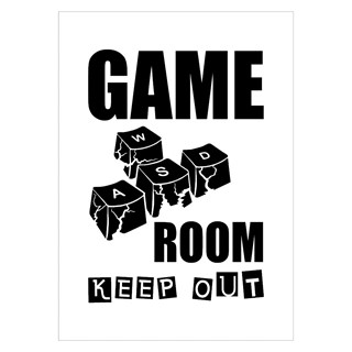 Plakat med teksten Game Room Keep Out og tastatur