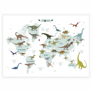 Børneplakat - Verdenskort med dinosaur