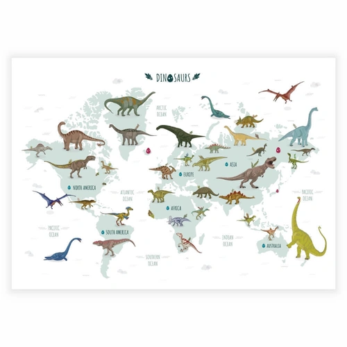 Børneplakat med Verdenskort og dinosaur i flotte farver