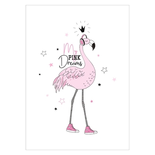 Børneplakat med lyserød flamingo og teksten My pink dreams