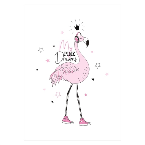 Børneplakat med lyserød flamingo og teksten My pink dreams