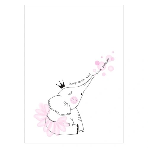 Sød børneplakat med elefant i lyserøde farver med teksten keep calm and blow bubbles