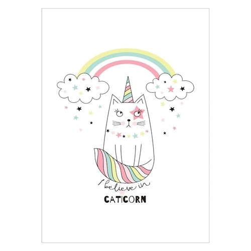 Sjov og kreativ børneplakat med motiv af en farverig caticorn