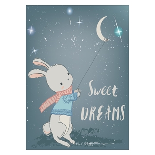 Sød børneplakat med lille kanin og stjernehimmel samt ordene sweet dreams