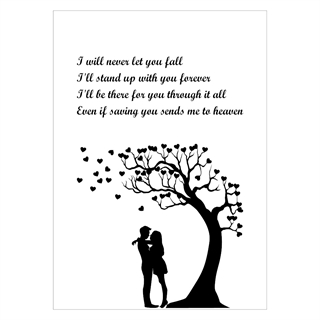 Plakat med teksten I will never let you fall og romantisk illustration