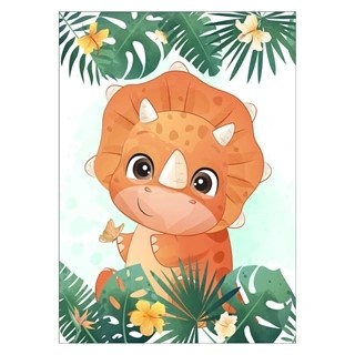 Sød børneplakat med orange dinosaur i junglen