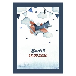 Personlig børneplakat med navn og dato samt retro fly