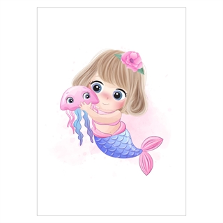 Børneplakat med lille havfrue og vandmand i lilla og lyserøde farver