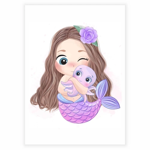 Sød børneplakat med havfrue der krammer en blæksprutte