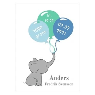 Fødselstavle med elefant i flotte farver som lyseblå, mint og blå