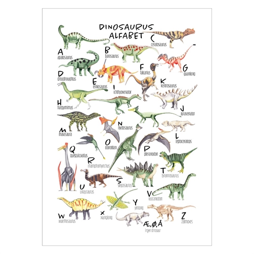 Plakat med dinusaur alfabet. Billeder af alle dinosaur og hele alfabetet