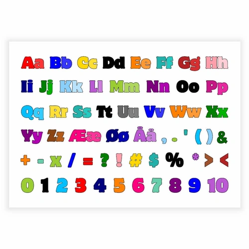 Farverig læringsplakat med alfabet, tal og tegn