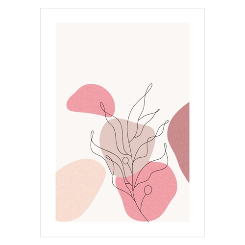 Abstrakt plakat med stregtegning af blomst og rosa farver