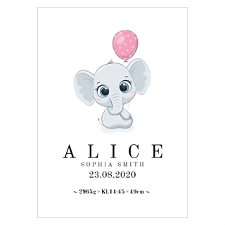 Fødselstavle med en sød og charmerende elefant som holder i en pink ballon. Med plads til at navne, dato, højde og vægt.