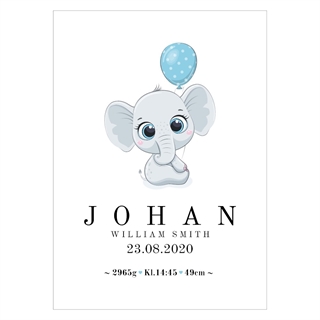 Fødselstavle med en bedårende lille elefant som holder i en blå ballon. På plakaten er der plads til navne, dato, højde og vægt.