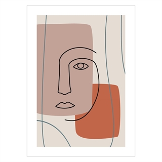 Plakat med abstract face line i beige, brun og orange farver